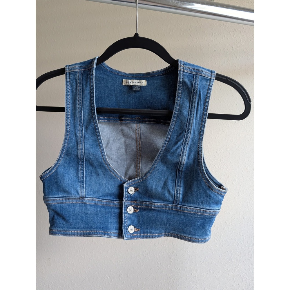American Eagle Medium Wash Denim Cropped Vest Button Front Blue XS‎